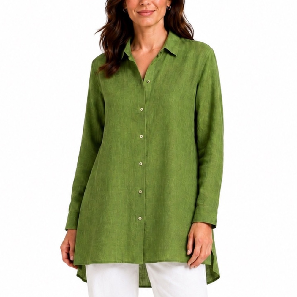 Eileen Fisher L Green Organic Linen Tunic with Slits Relaxed Fit Asymmetric Hem
